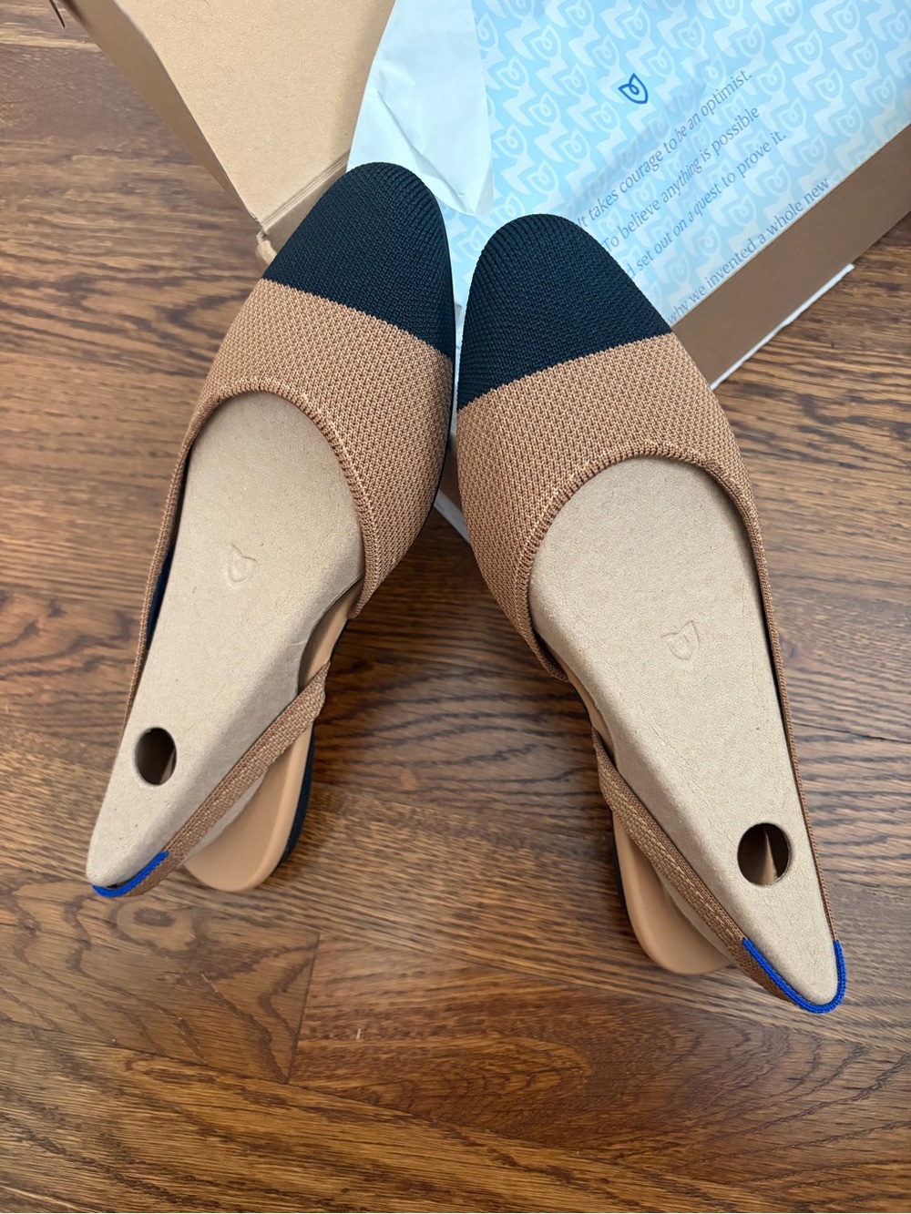 Rothy's Almond Slingback Flats in Black and Tan Captoe